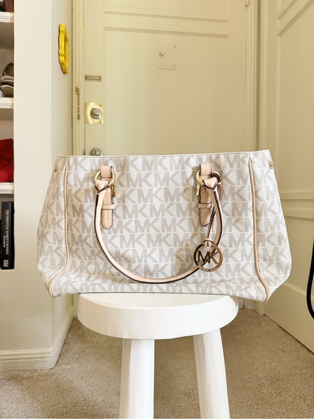 Michael Kors Cream/Beige MK Logo Tote with Gold Charm